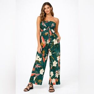 Patrons of Peace Strapless Tropical Jumpsuit M Green Floral Wide Leg Boho